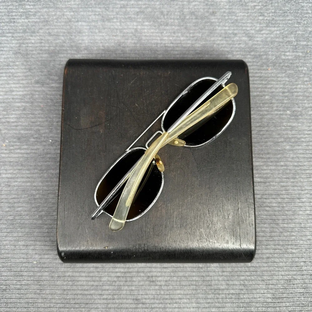 Vintage Aviator 60s Style AO Sunglasses Silver Tone Metal Frame Amber Navigator